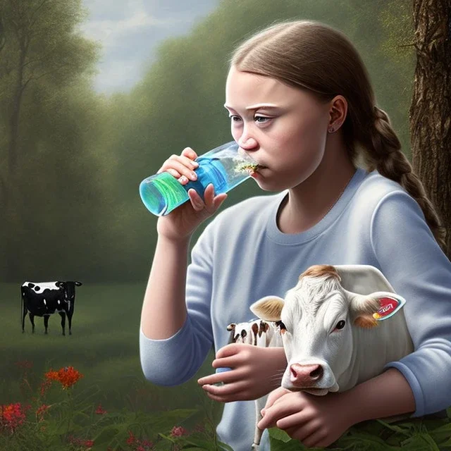 portrait Greta Thunberg drinking milk from a cow