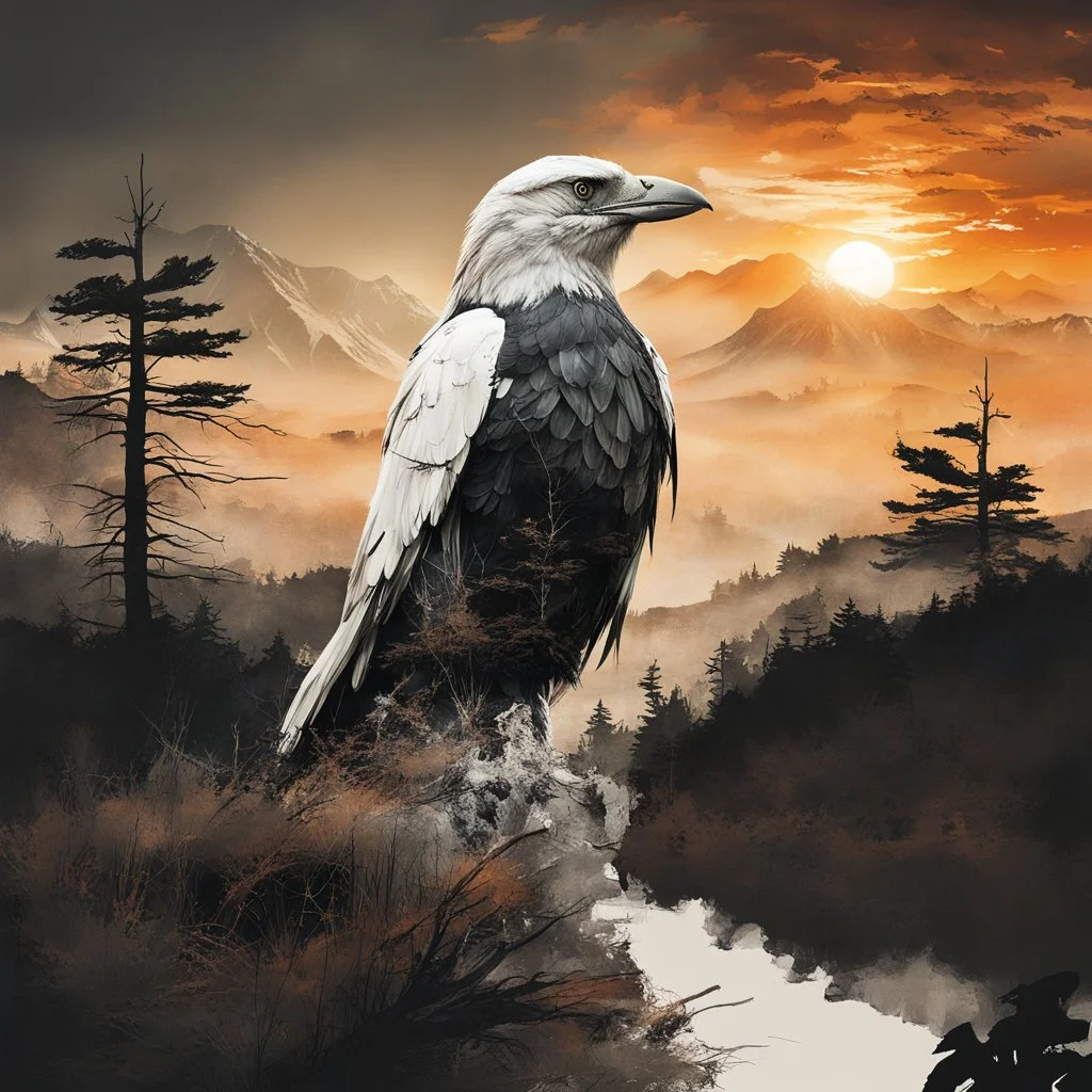 Landscape sunset double exposure, white crow double exposure by Dan Mountford, by Beautiful by Russ mills, intricate details, HDR, beautifully shot, hyperrealistic, sharp focus, 64 megapixels, perfect composition, high contrast, cinematic, atmospheric, moody