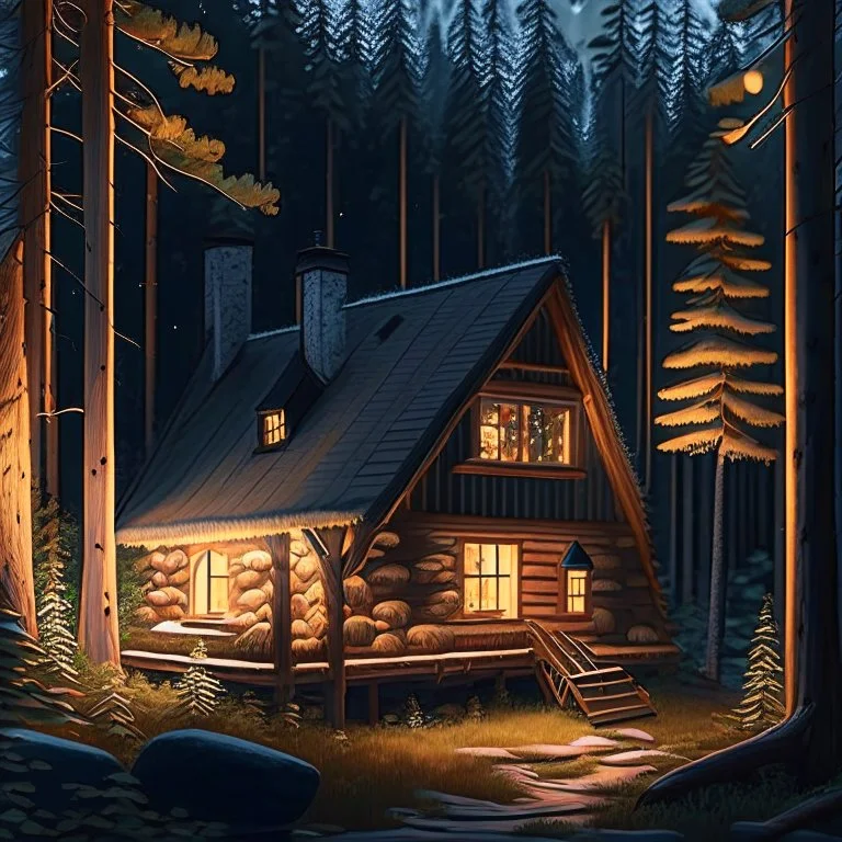 Generate an image of a cozy cabin nestled in a pristine Norwegian forest, surrounded by towering trees, with a warm glow emanating from the windows, symbolizing a peaceful retreat where artists find inspiration and solace.