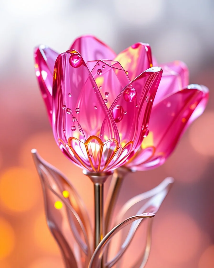 A 3D transparent glass tulips with intricate design: crystalline petals reflect pink, purple, and gold hues with gemstone-like edges and water droplets. A metallic stem and leaves, along with blurred warm gradients, evoke a futuristic, ethereal fantasy atmosphere