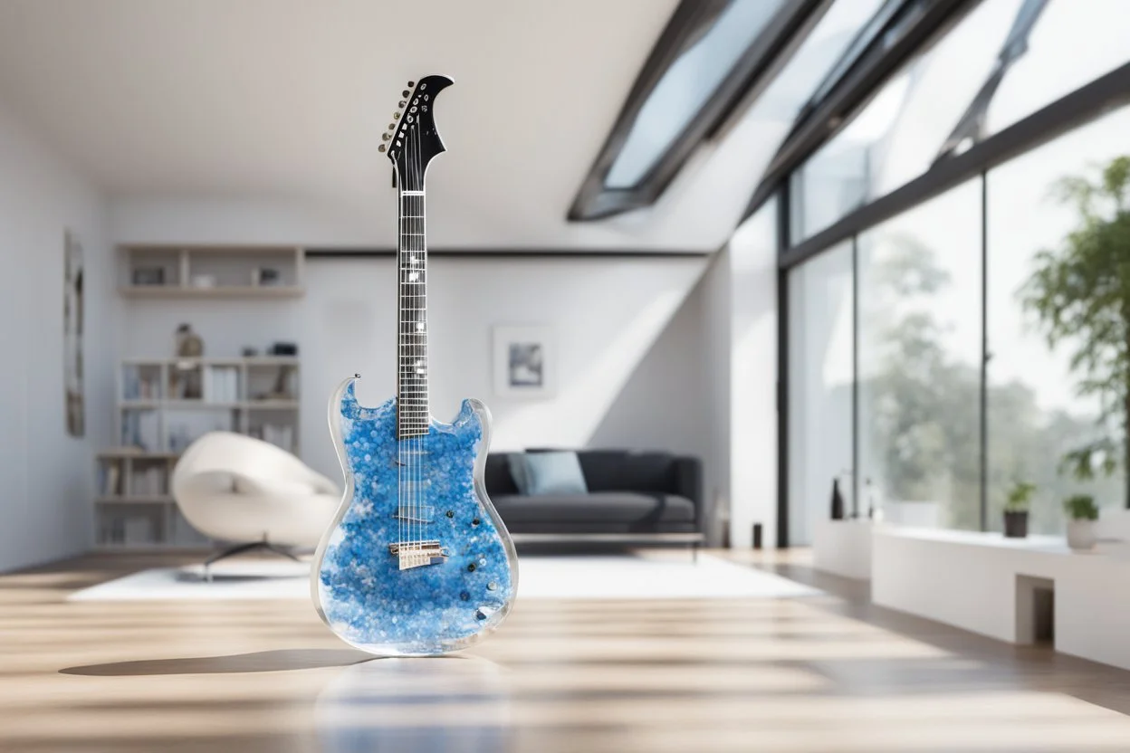 A lovely clear transparent resin guitar with forget-me-not design in a modern room in sunshine