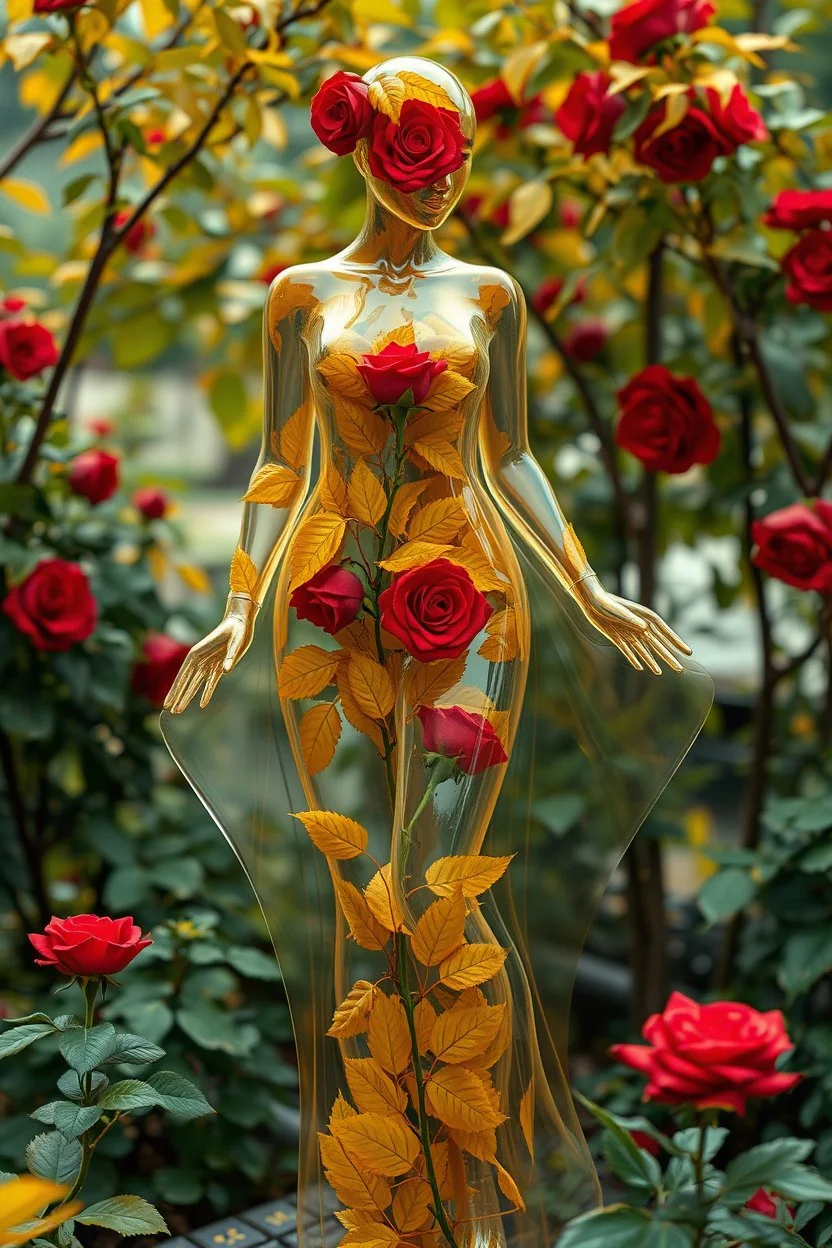 body inside transparent woman yellow leaves beautiful transparent woman made of transparent glass filled inside with red roses and leaves beautiful dynamic pose stands in garden hyper detailed sharpen CGI