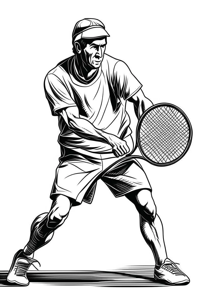 A black and white image of a classic tennis player performing a backhand swing on a grass court. Style: Vintage Photography, Mood: Timeless and Skillful, Lighting: Sunlight with soft shadows, T-shirt design graphic, vector, contour, white background.