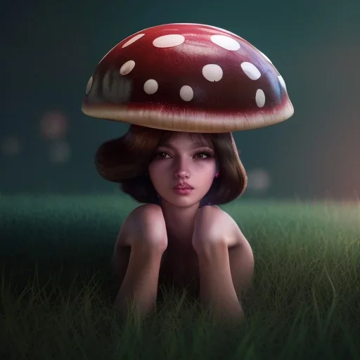 Mushroom head girl in mushroom unreal 5, octane render, cinema4d, redshift render, hyper realistic, cenematic, vibrancy, synthwave, retouch, centered, dynamic lighting, dramatic lighting, 4k, highly detailed, attractive beautiful, realistic, epic composition, holographic,