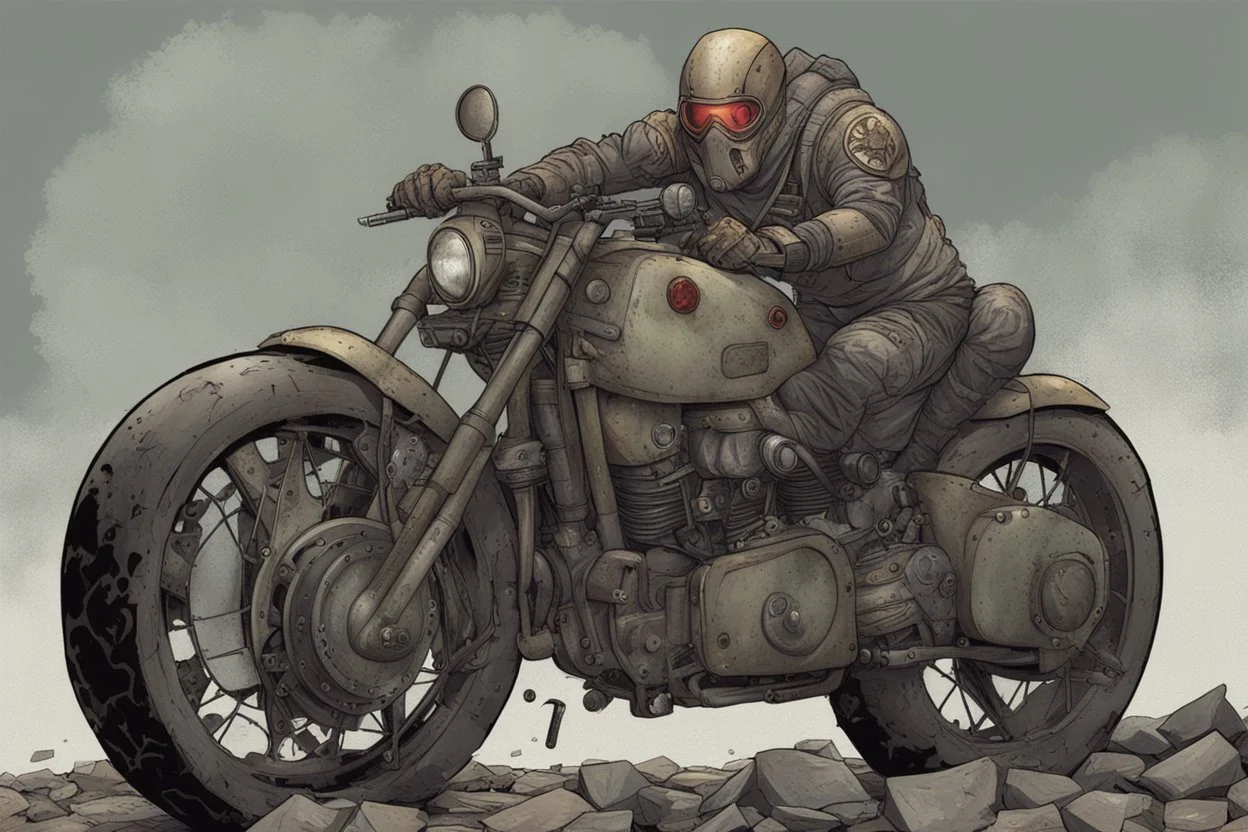 motorcycle, comic book,post-apocalypse, gray background,