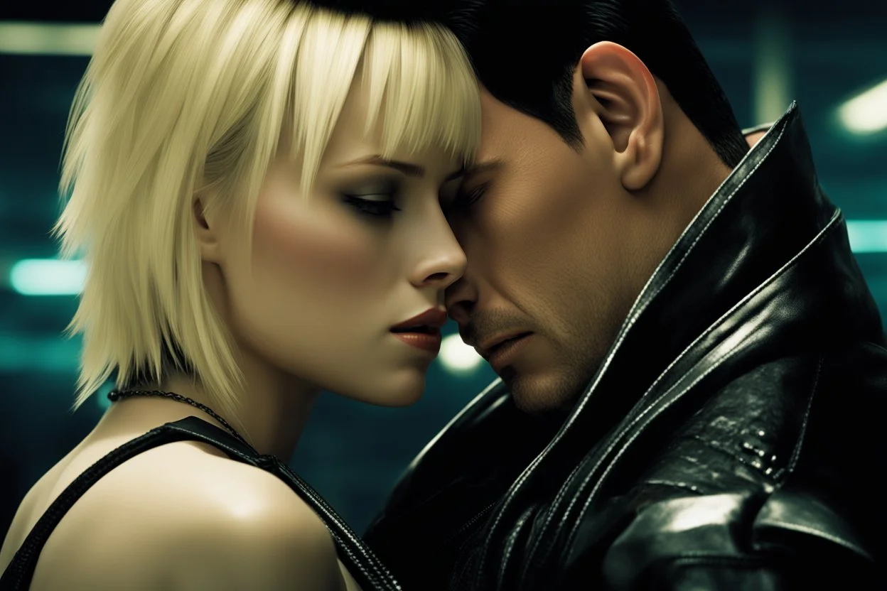 Jason David Frank short dark hair with hugging pretty blonde shorthaired sad girl crying, photo realistic, modern dark fantasy, penthouse