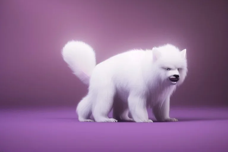 A photo of a white fur monster standing in a purple room