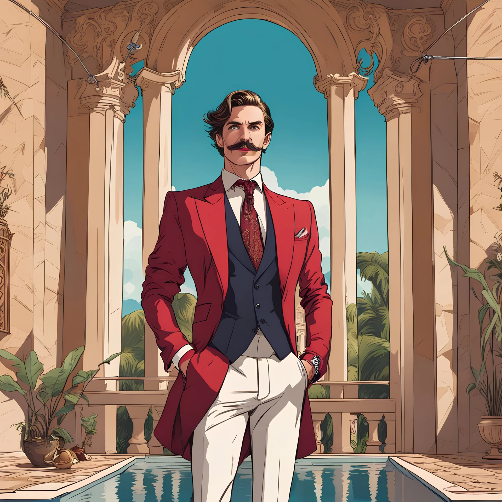 Luxury Brendan Dan Stevens with a mustache portrait, ready to go for a swim, like gucci and versace photoshoot. Full body view properly dressed in Russian transwoman warlock in an expensive men's suit, with a beautiful cane. She looks forward proudly. She is on the balcony of a ruined castle and is surrounded by a wave of demons. Moder comic style