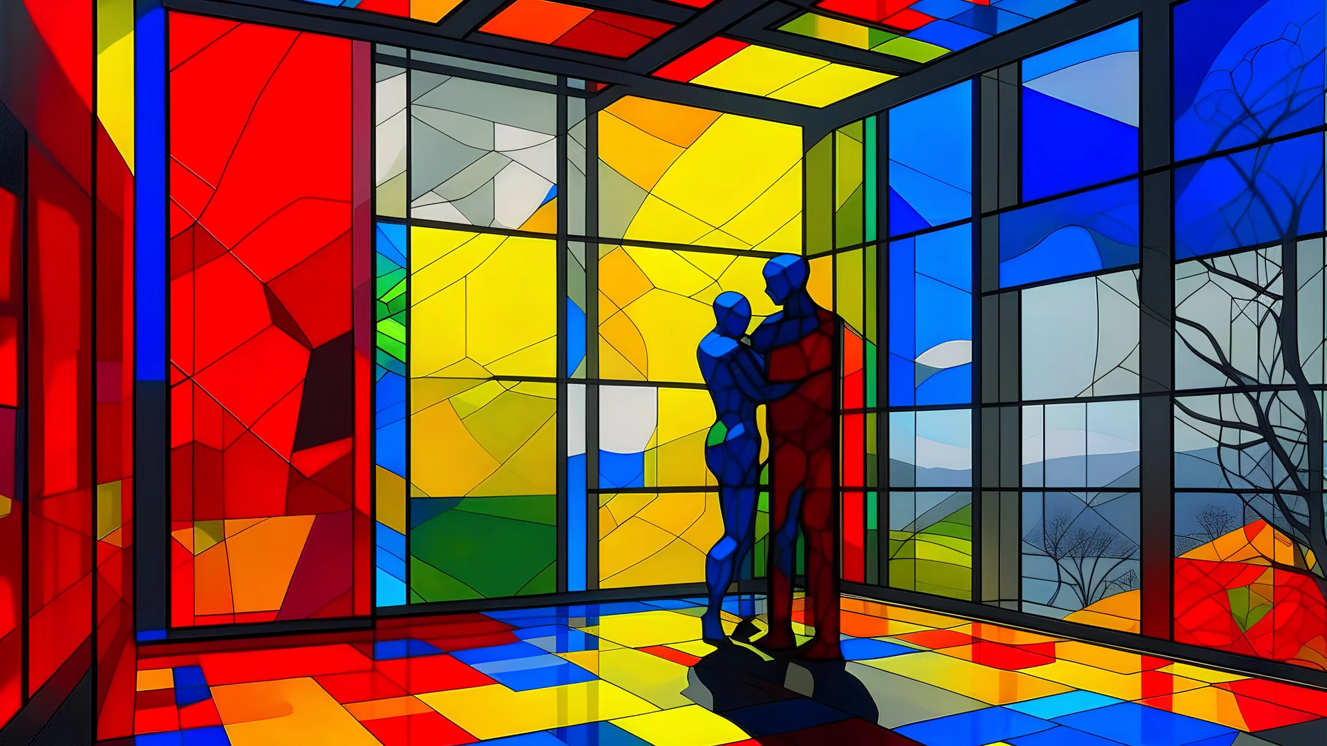 A colorful abstract interior scene with a large window overlooking a (misty outdoor landscape. In the foreground, there is a silhouetted sculpture of two embracing figures against a backdrop of vibrant geometric shapes and patterns in red, yellow, and blue)