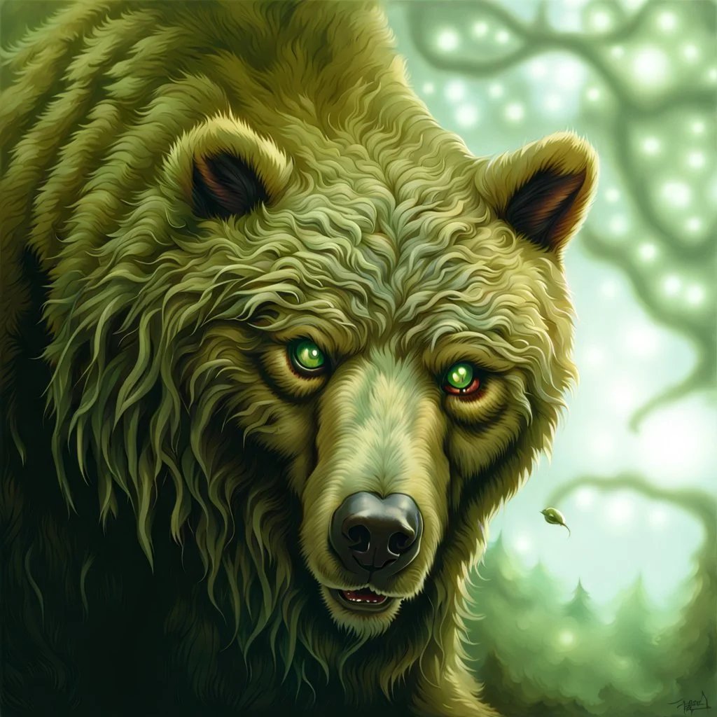 90's TCG fantasy artwork art of a mutant bear with green eyes