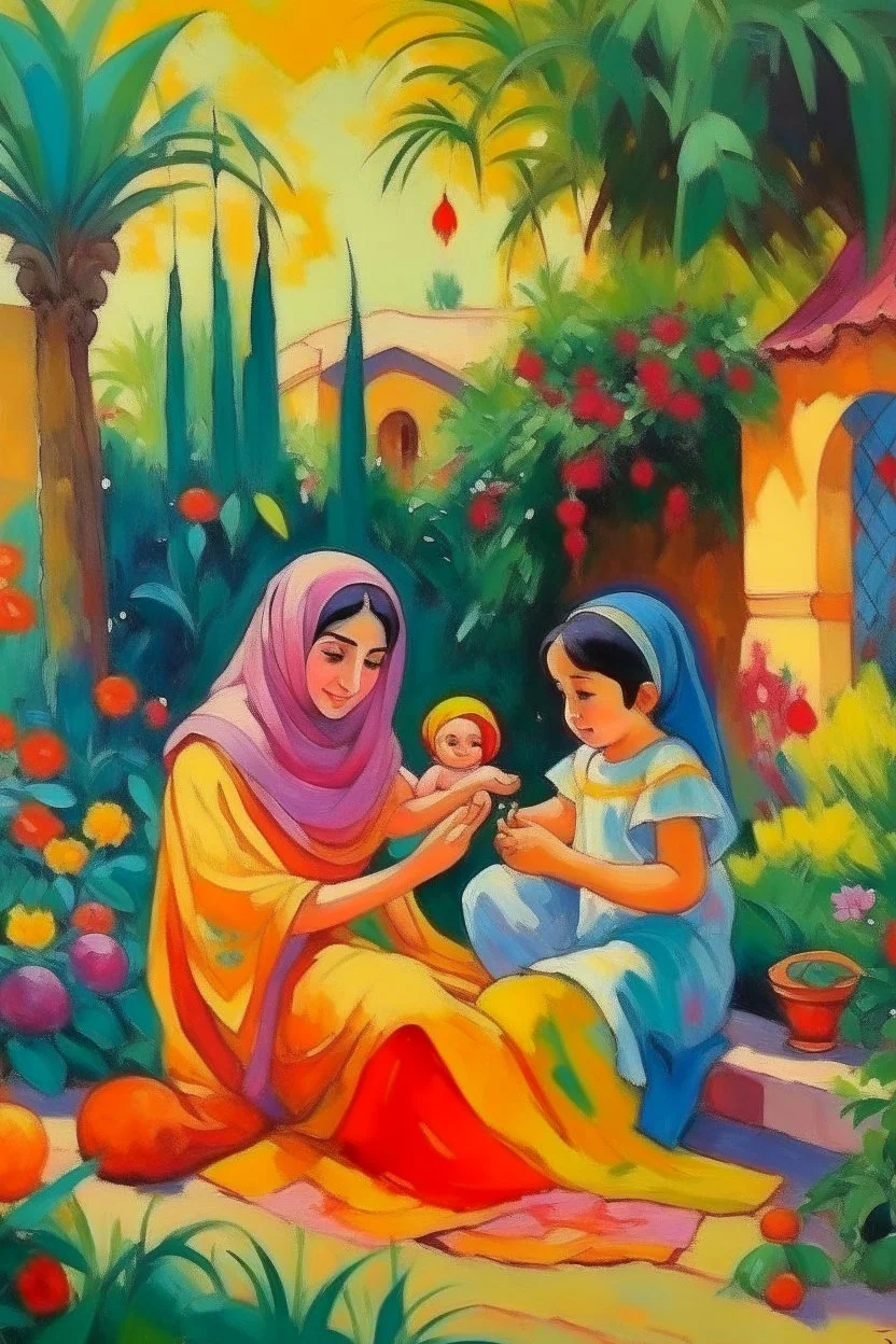 oriental arabic woman with child playing with each other in garden painting colorfull