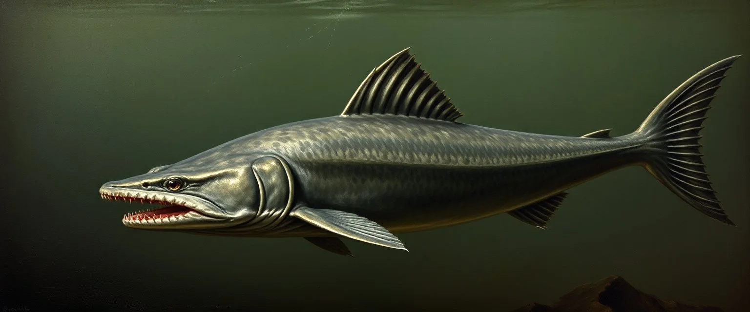 master oil painting by Rembrandt, good afternoon Lurkfin "A sleek aquatic predator with jagged dorsal fins and razor-edged tail, mottled gray-green skin blending with murky waters, needle-like teeth, eyes that pierce the surface, body coiled like a spring, ready to strike suddenly."