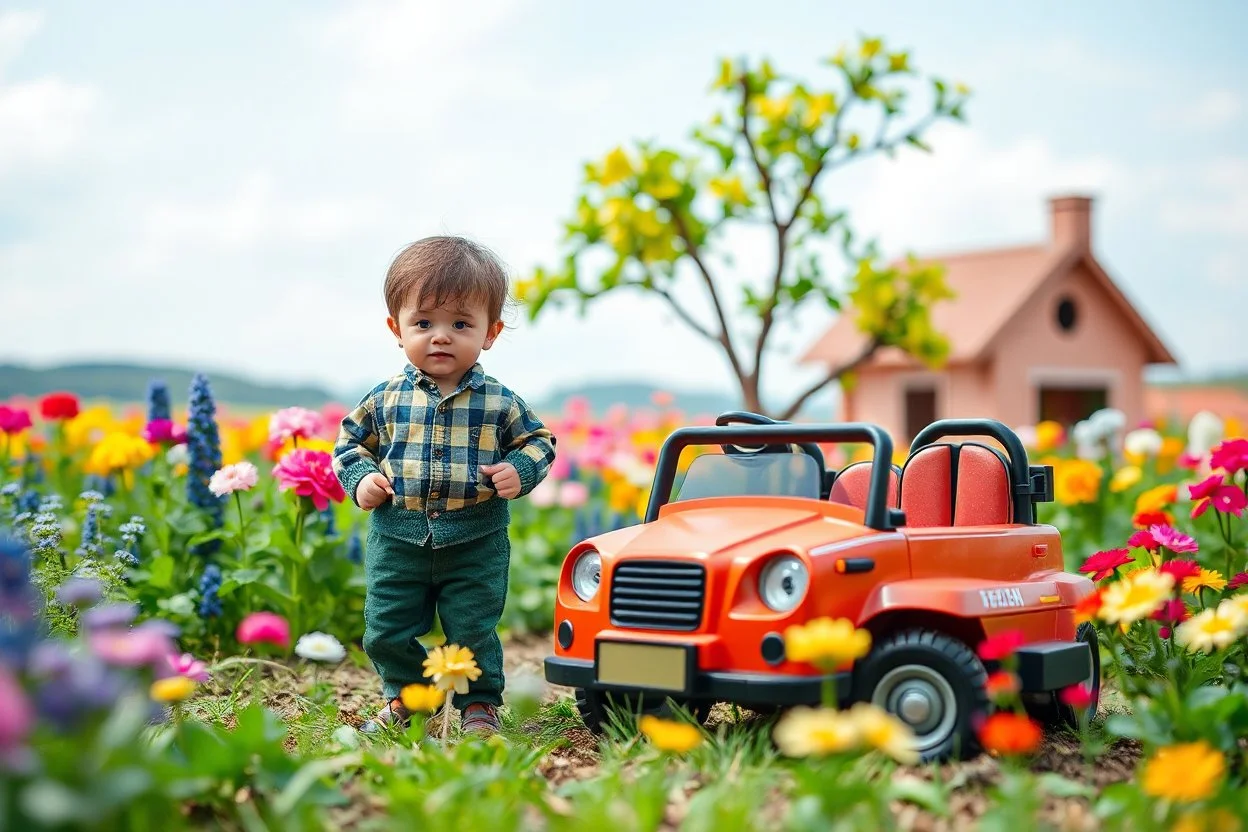 Here is the translation to English: "A beautiful boy in Benten carton clothing standing in a toy car in a flower and tree farm"