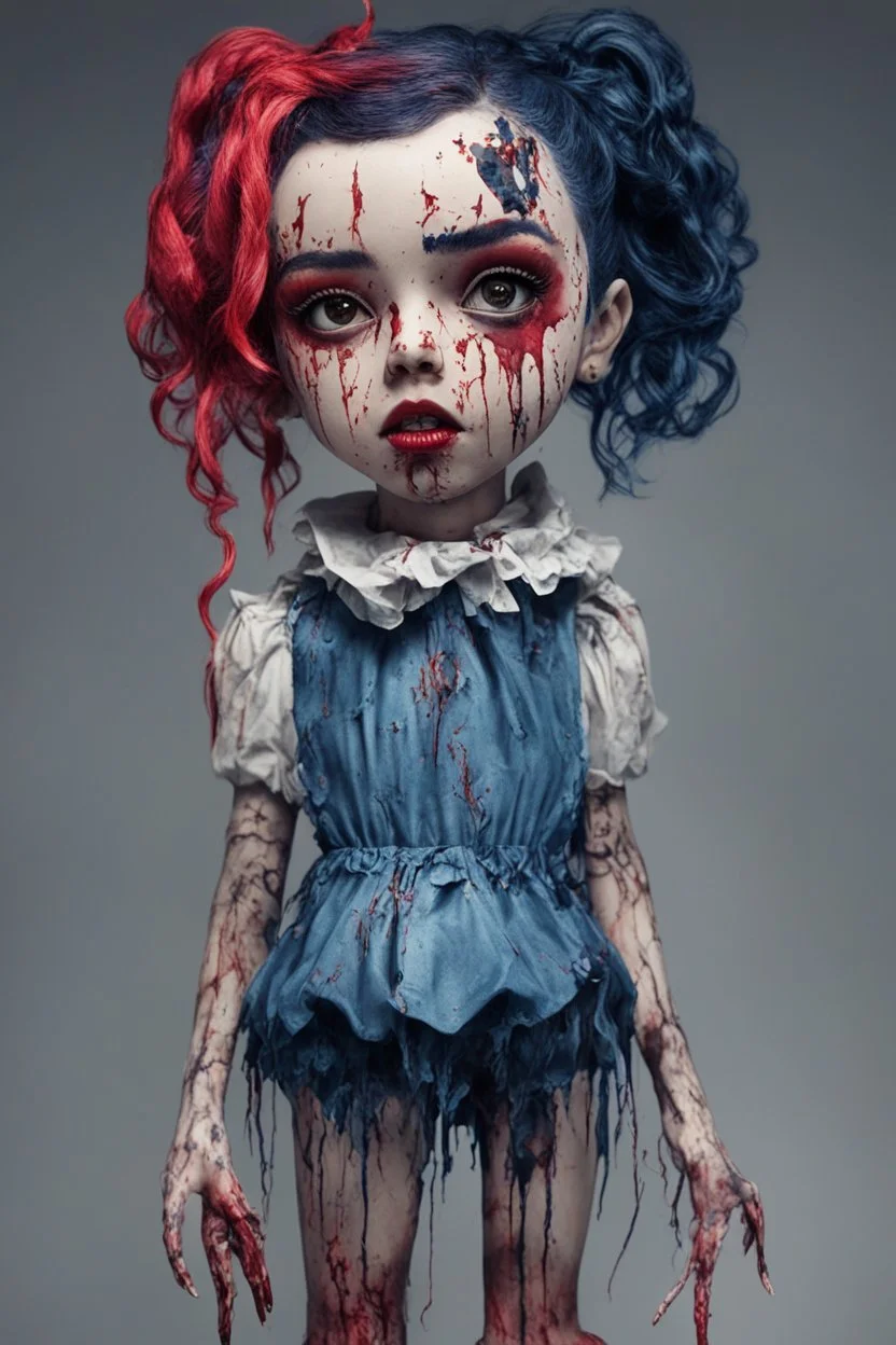 full body color, illustration of a darkblue and red tones, menacing, Singer Melanie Martinez face, as a decayed, broken, skin turned translucent, black veins that extended like roots beneath her skin, latex suit, crude homemade cloth doll toy, with a narrow cracked porcelain face, thick dark eyebrows, hair in two gradually, made from ragged strips of cloth, in the style of Alex Pardee, Tim Burton, and Nadya Sheremet