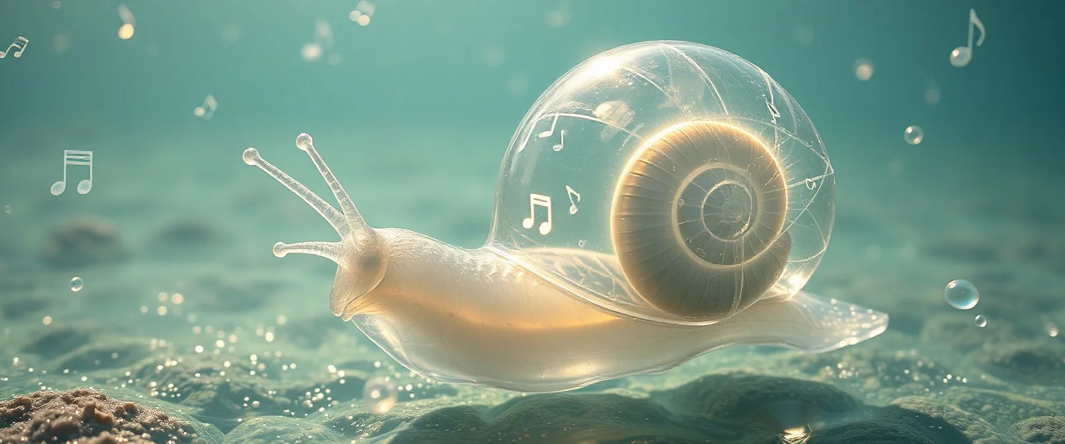 transparent crystal snail true yoga mind bending bubble gum as a young woman floating transparent music notes in the weirder universe in the ocean with the snail fish king in the style of Giger