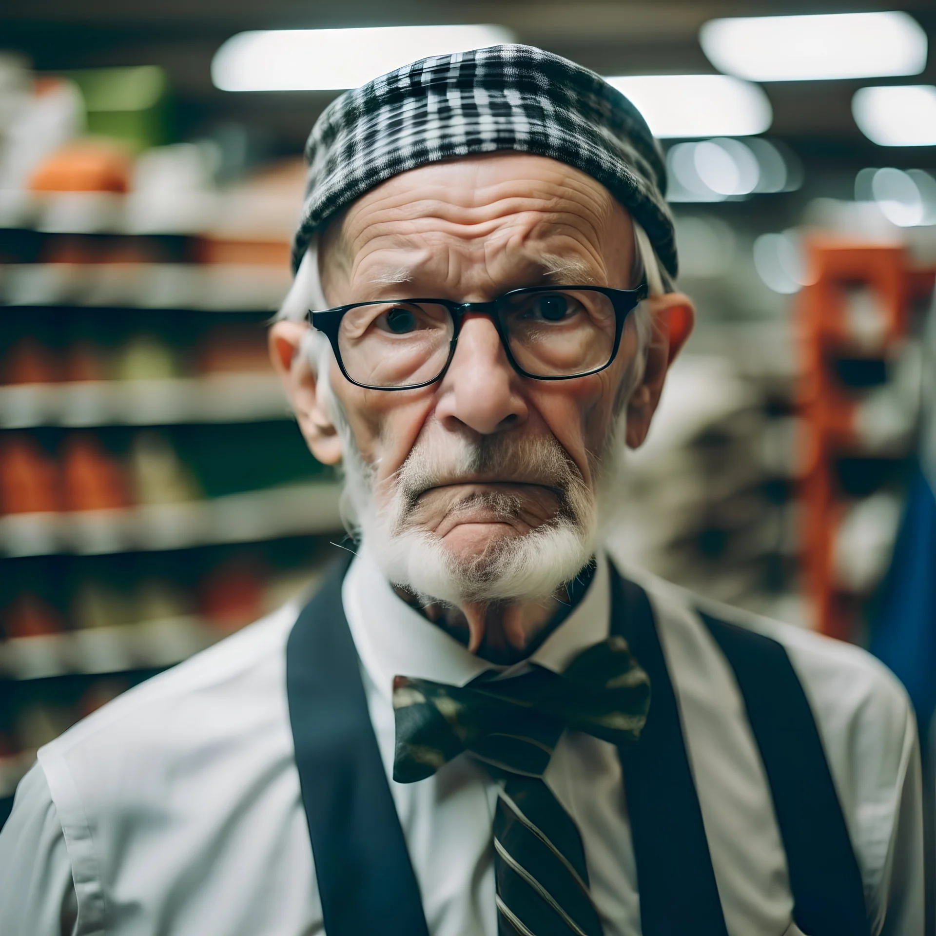 Un retrato de un anciano con corbata y un pañuelo en la cabeza en un supermercado