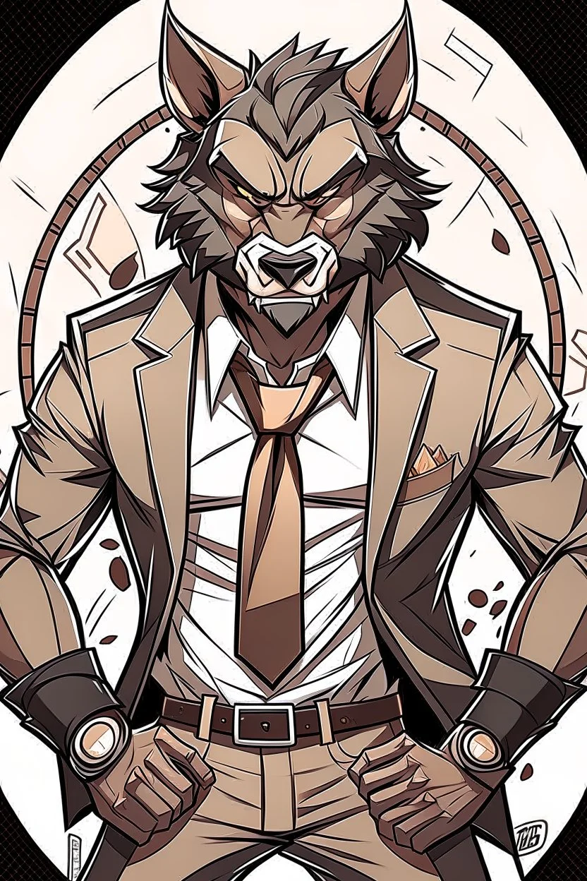 Buff, anthro, wolf, himbo, black fur, gold eyes, wearing a suit, full-body, muscles, strong, muscular, man boobs, bulky, tail, dark fur, smug grin, hands on hips,