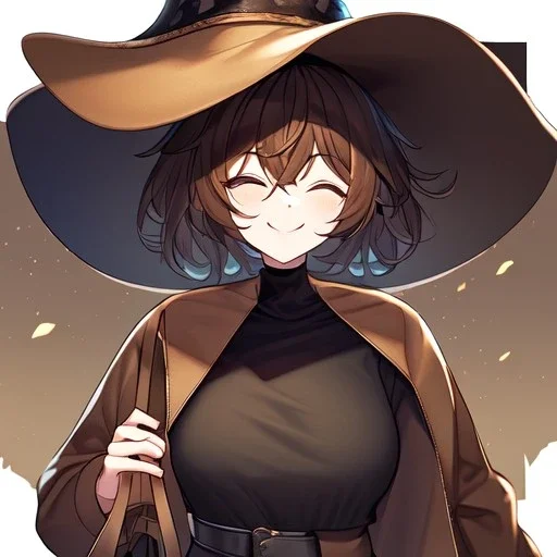 Clear focus, High resolution, short brown spiky hair, hair between eyes, eyes closed, wearing a brown detective hat, wearing a brown jacket and a black shirt, wearing black shorts, 1girl, pulling hat down, smiling