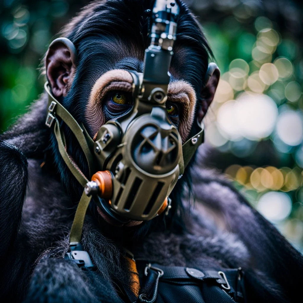 Ape, Primate, hominid, breathing device, respirator, Dystopian, Extreme depth of field, bokeh blur, Alberta, all-natural, in the style of candid, Fuji Film, Anamorphic lens