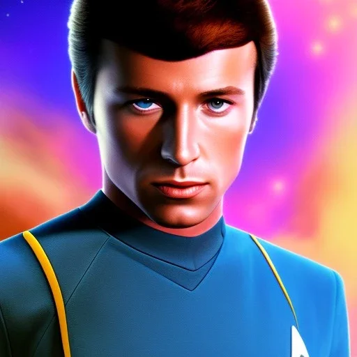 Portrait of Kirk, Star Trek II style, Photorealism, Full Body Shot, Wearing Blue TNG Uniform, 8k, Starfield Background