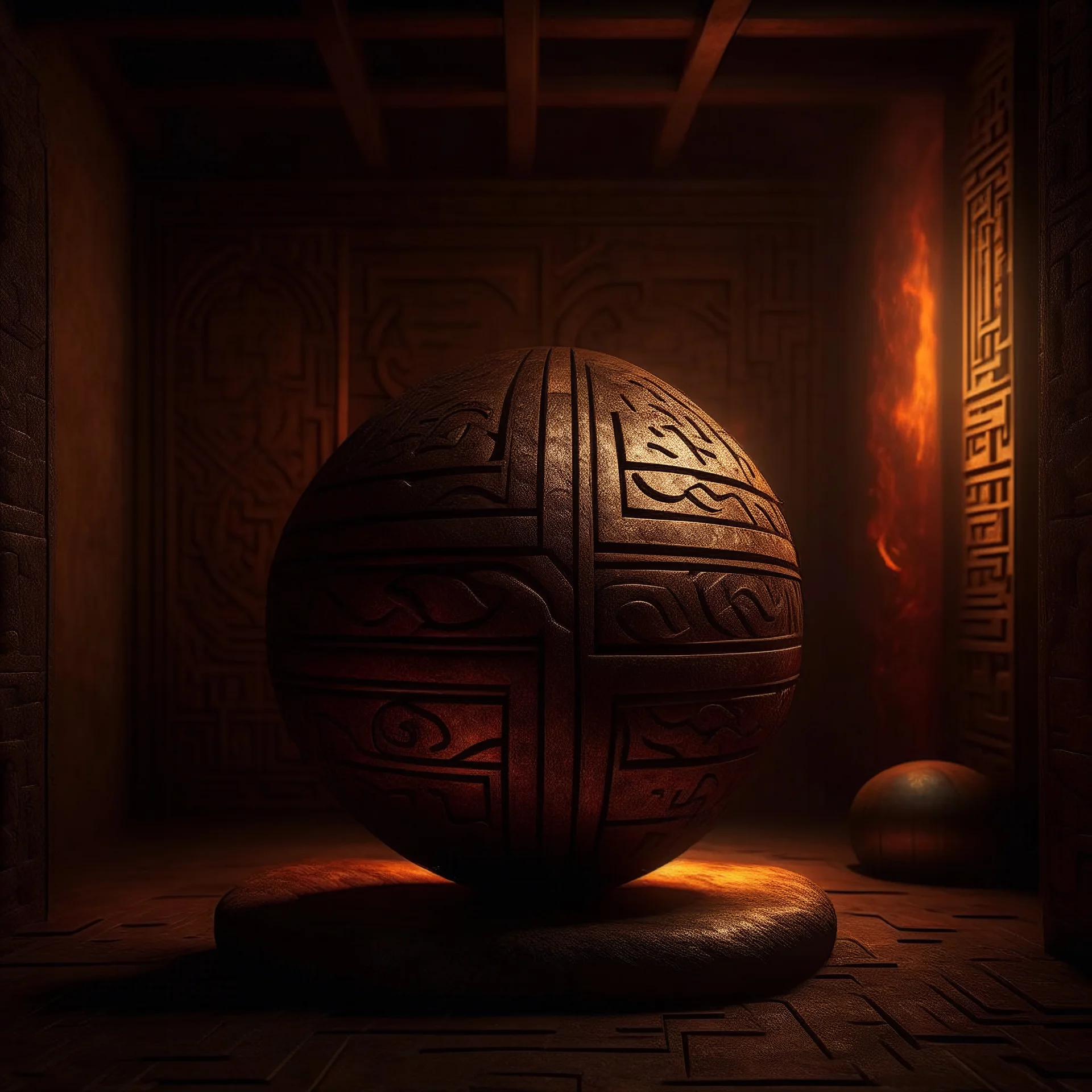 Create an image of old copper sphere with strange runes in side a temple with dim light of fire torch on the wall in the background