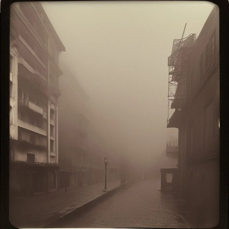 Dark street creepy fog colours strong texture artistic polaroid volumetric light, Yves Tanguy René Magritte Gustav Klimt 8k 3d abstractism