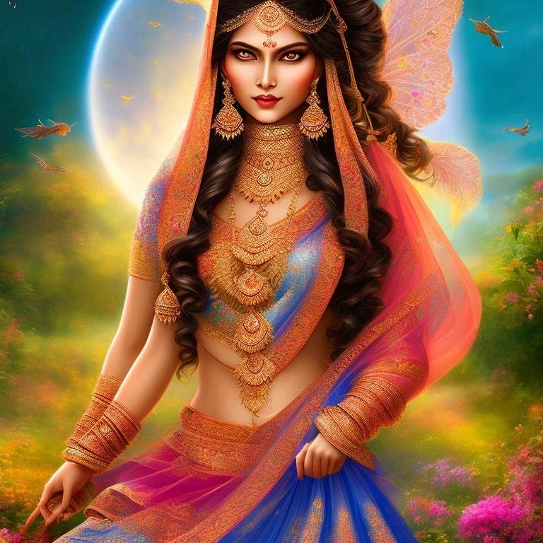 bright indian fairy, beautiful portrait, flowery landscape