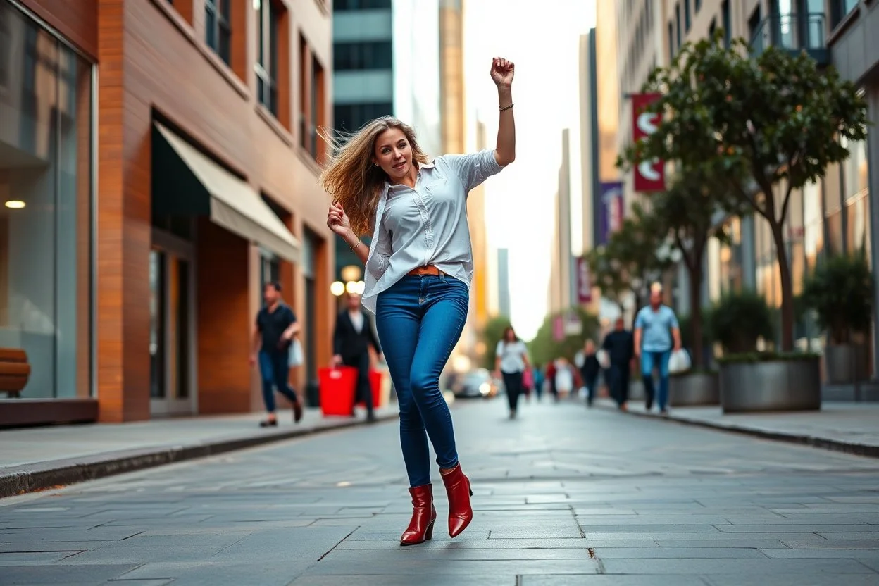 change pants color to bluemodern city street a beautiful lady in nice pants and shirt pretty bootship hop dancing