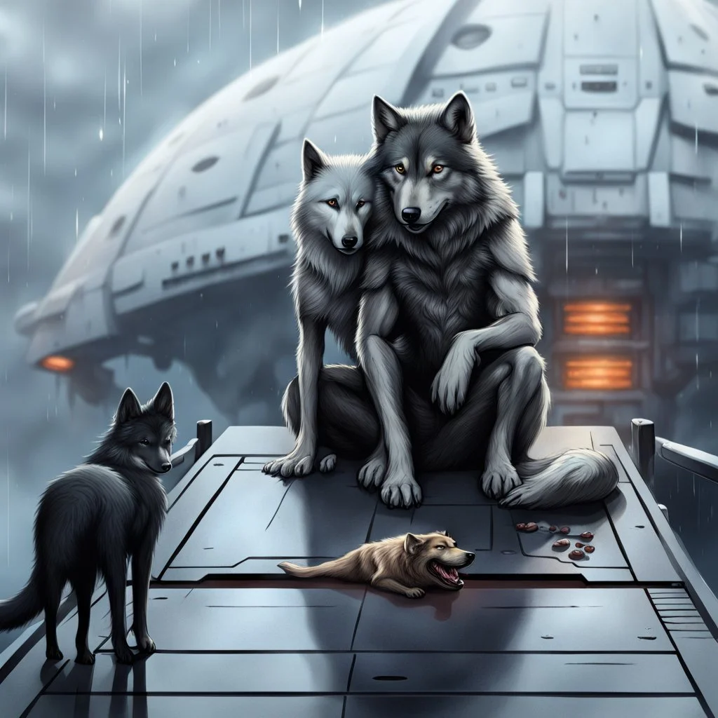 digital art front in picture an of little dark dog like creature stands and looking an anthropomorphic wolf couple sitting on the spaceship's ramp close together, the pale gray female wolf sits behind stong male wolf and puts one paw on the dark gray wolfman's shoulder, raini day, on ramp a little piece of meat lies down, high contrast, high detalied, high realistic, in background detail of a spaceship is visible. Rain, The atmosphere is a seamless blend of sci-fi and dark fantasy mood, digita