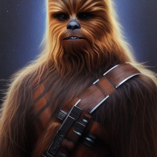 photorealistic and intricate portrait of chewbacca in star wars by Charlie Bowater, wearing beskar armor, deep dark colors, hyperdetailed, 32K, oil on canvas,