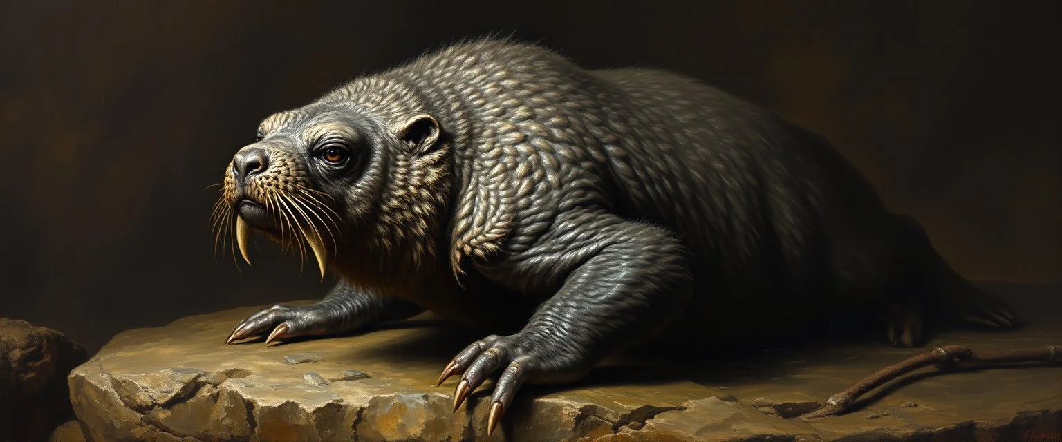 master oil painting by Rembrandt, creature from before the dinosaur bear seal gremlin