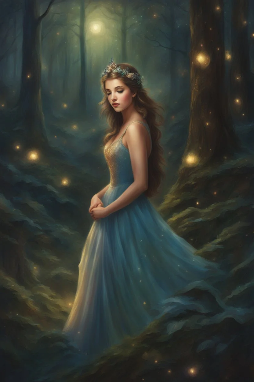 Painting of a dream girl in a fantasy forest, glitters in the forest background, haunted forest, digital painting, inspired by thomas kinkade, fantasy painting, dancing girl, song, fantasy art, fantasy girl, beautiful girl, beautiful face, young girl, beautiful painting, forest In the background, dark night, glitter in the background, fantasy forest, high quality, 4k