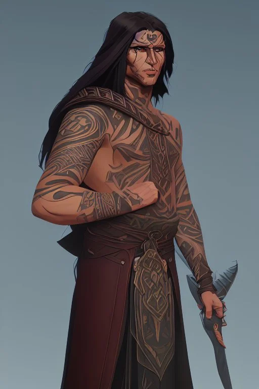 long haired warrior with tribal tattoos and cloak