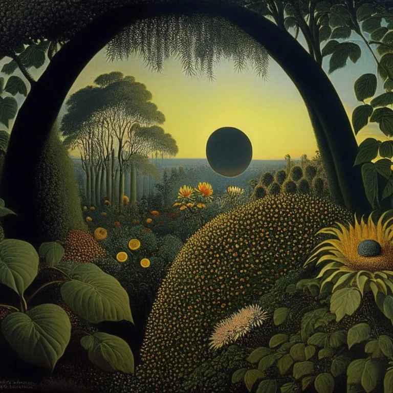 High definition photography of a marvelous landscape, trees, flowers, sun, intricate, atmosphere of a Max Ernst painting, Henri Rousseau, thoughtful, interesting, a bit appalling, smooth