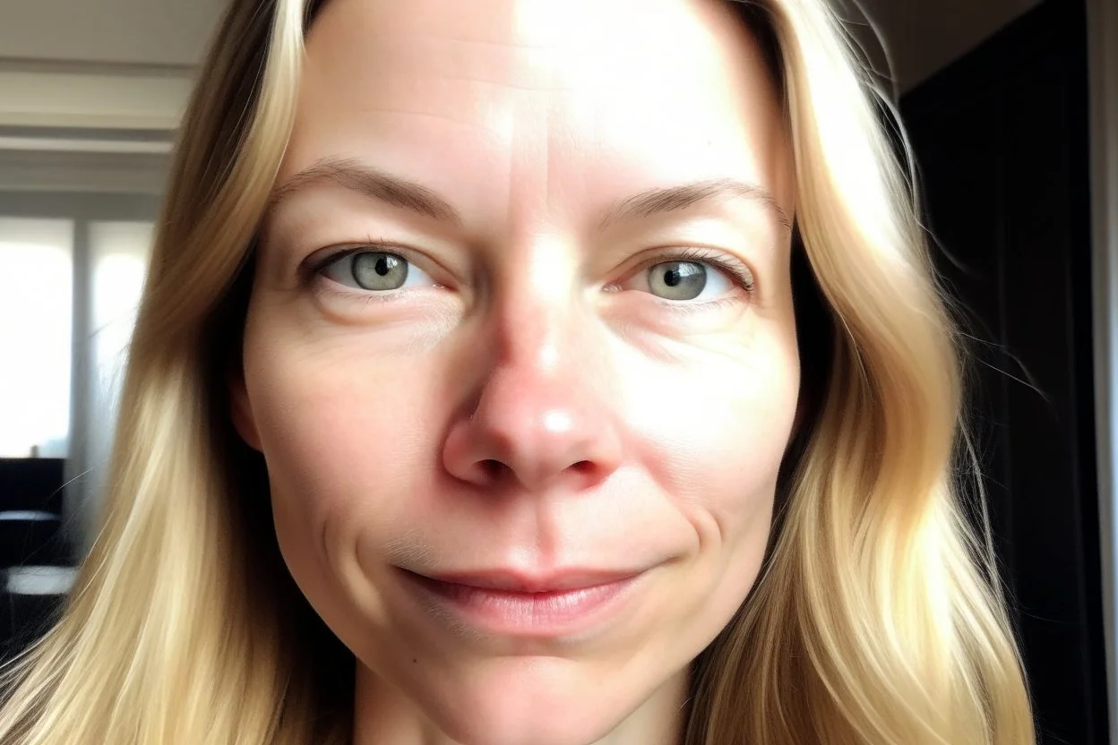 A selfie of a woman, middle long blond hair, showing a 39-year-old European woman. She has brown hair, face without makeup, cute nose, detailed full lips, skin texture. no much light shadow contrast.