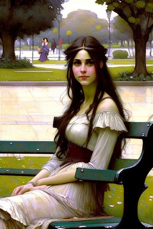 Woman happy sitting on a park bench. John William Waterhouse