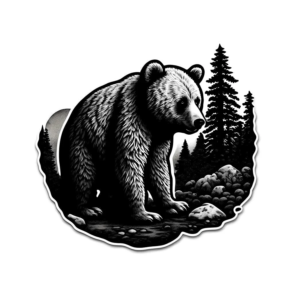 Sticker design on white background, Teddybear walking in a forest, in liberty art style, ambient light, high details, photorealistic, monochrome, black and white