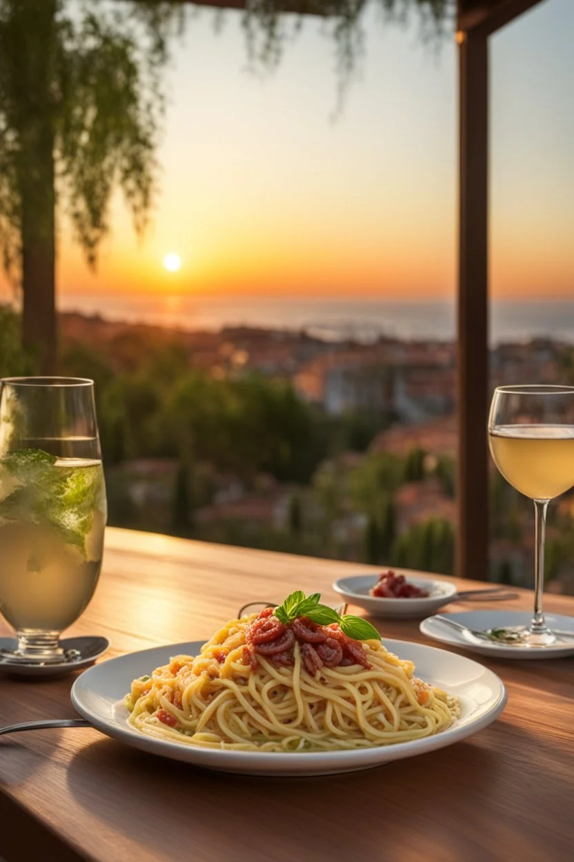 Create a realistic photograph of spaghetti carbonara with a glass of wine on a table in a small Italian restaurant at sunset.