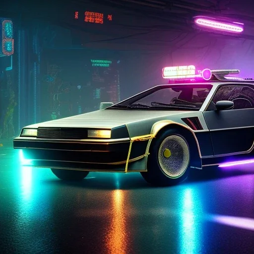 cyberpunk army DeLorean,cyberpunk 2077,center composition, ultra realistic,shiny, smooth, studio quality, octane render, Surrealism, Triadic colour scheme,glow-stick, god rays, ambient lighting,nightclub lighting, polaroid, 100mm, --ar 1:1 --v4