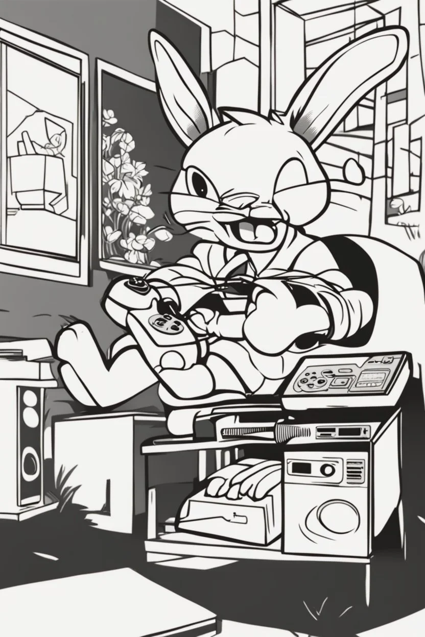 Lineart image of the easter bunny playing a video game console