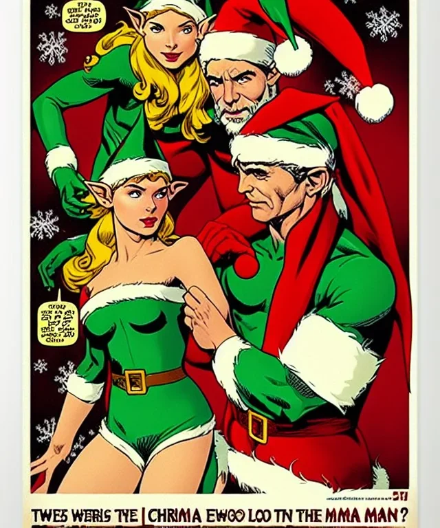 two elves. woman and man. Christmas scene. poster. marvel comic. low-key