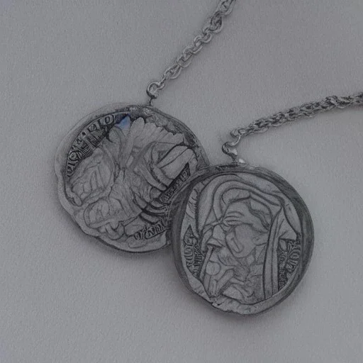 pendant in a form of two conjoined silver coins, watercolor, large strokes, illustration, fantasy