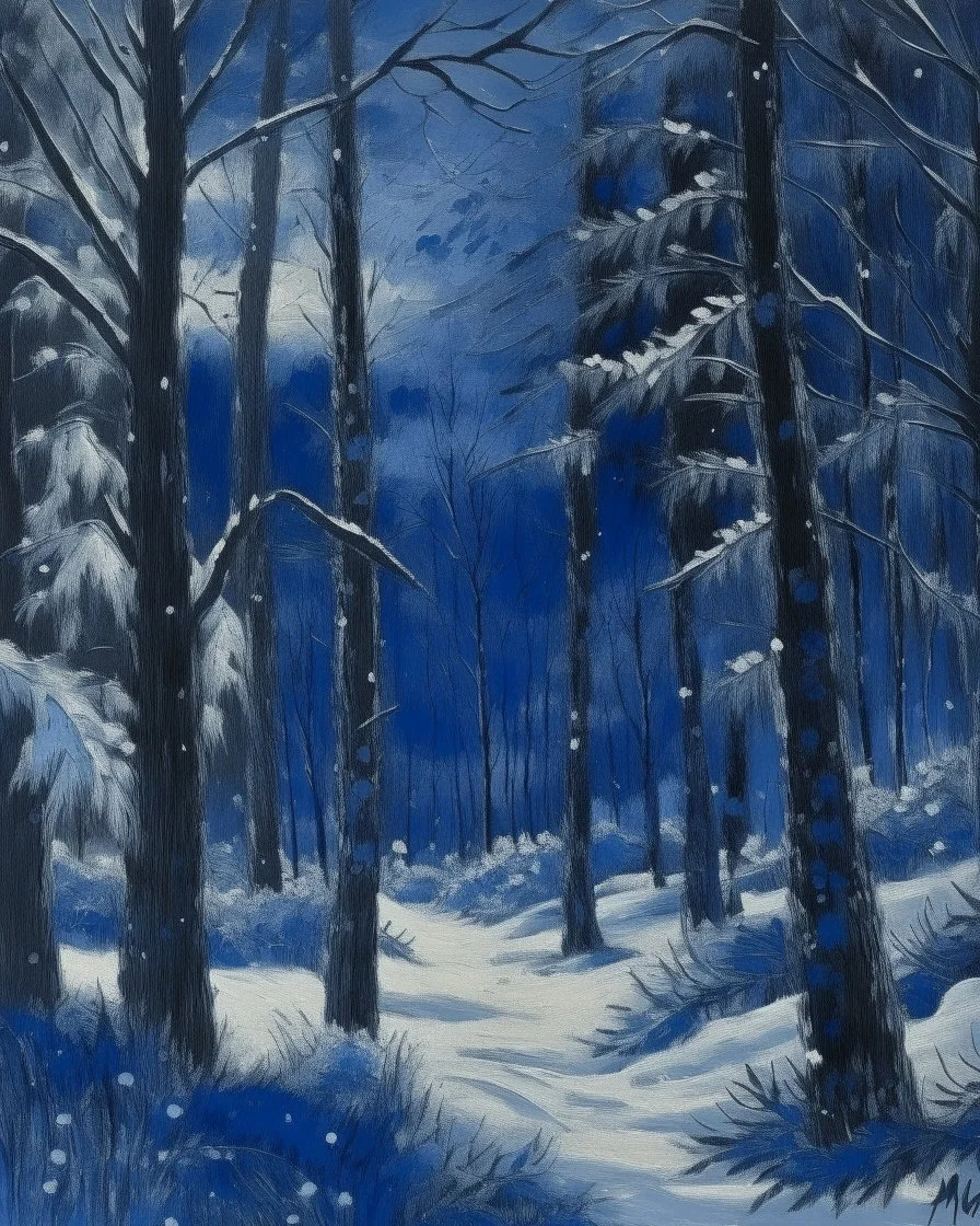 A dark blue winter forest with falling snowflakes painted by Claude Monet