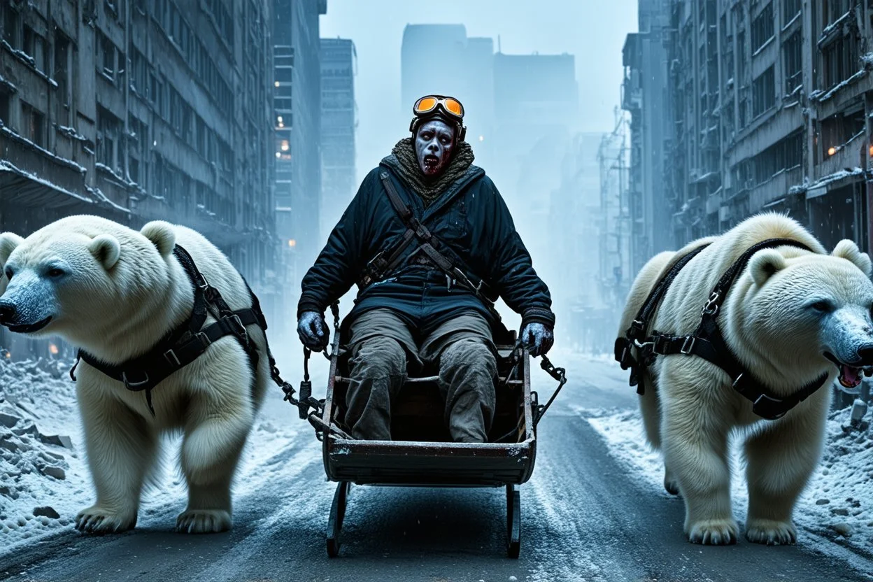 zombie polar bear mutant creatures in harnesses pulling a sled carrying a man dressed in steampunk snow goggles, head-wrapping, and heavy robes; middle of a street in an empty destroyed crumbling city, post-apocalyptic winter dystopia,, massive snow drifts, ice particles, dramatic