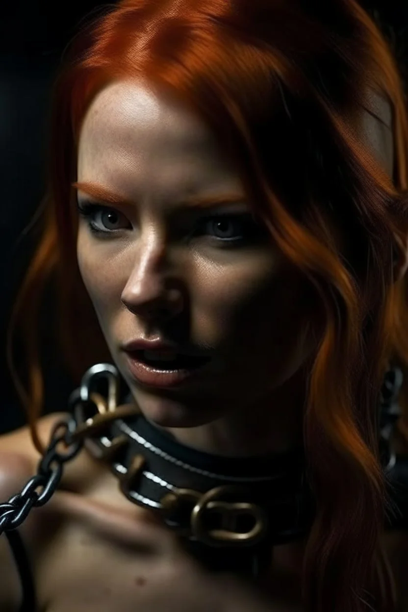 A redhead girl gagged with sculpted abs captured by a movie villain