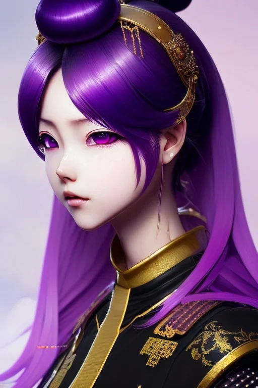 Detailed cute anime Kunoichi girl, purple hair buns, purple bangs, black latex bodysuit, intricate details, full body portrait, keep head in frame, slight smile, black Japanese motif, concept art, highly detailed, digital painting, concept art, sharp focus, illustration, art by Yoji Shinkawa, WLOP and greg rutkowski and alphonse mucha and artgerm and yanjun Chen and Junji ito and Makoto Shinkai, HDR, octane render