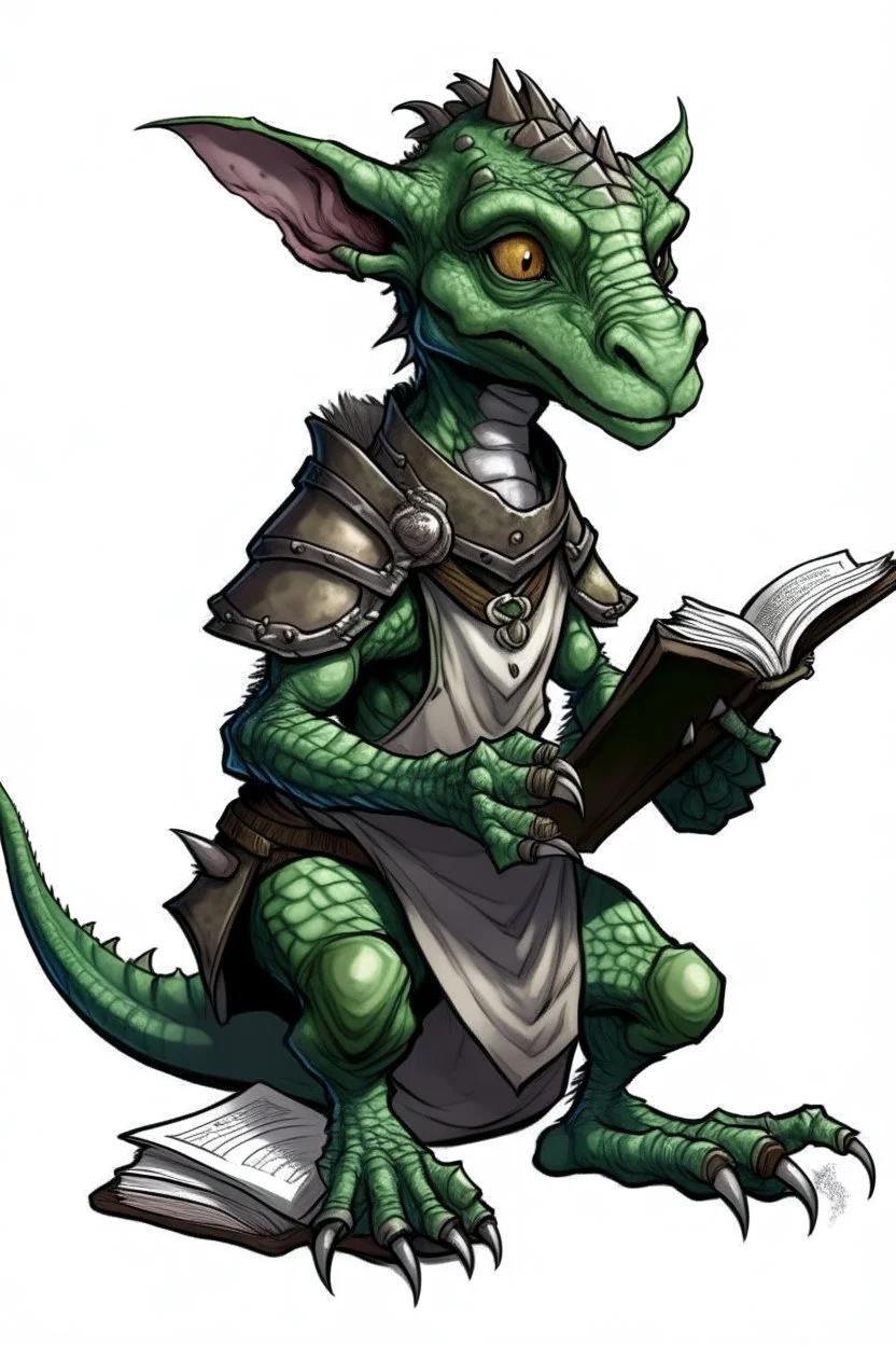 kobold from dungeons and dragons, grey diamond - shaped scales, big magic book