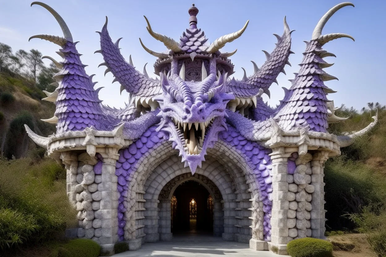 A pale violet fortress with dragon horns designed in ancient Roman mosaics painted by Cai Jia