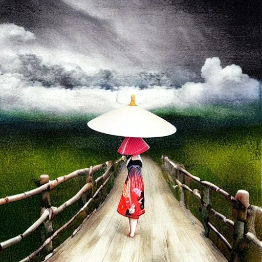 view from behind of japanese girl with bamboo umbrella looking up a break of white clouds and sunlight in the middle of a stormy sky, wooden walkway, ocean, 8k, high-quality, ultrafine-detail, intricate, digital painting, brian froud, howard lyon, selina french, anna dittmann, annie stokes, Greg Rutowski