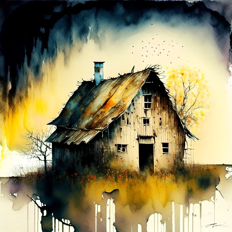 An old barn, the half moon shine bright,wamp with horror and beauty intricate, beautiful ,fog, mikalojus konstantinas, čiurlionis chinese watercolor ,Double Exposure ,Effect surreal, poetic style ,Sepia effect, Pen and ink sketch,